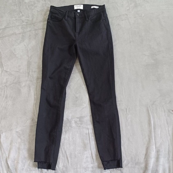 Frame Jeans‎ Sz 25 Le Skinny De Jeanne Raw Stagger Step Hem Film Noir Black - Picture 9 of 9